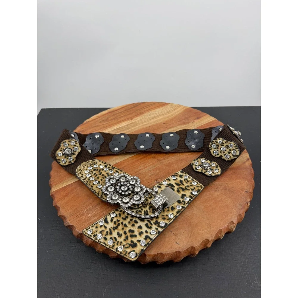 Unbranded Leopard Print Rhinestone Cinch Belt Womens OS Brown Studded Buckle